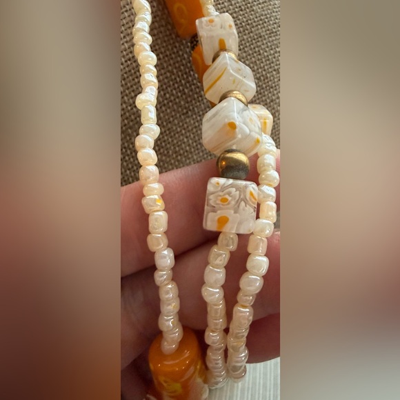 Millefiori Cube & barrel Cream Mustard Orange Art-glass & Seed Bead Necklace - Picture 6 of 14
